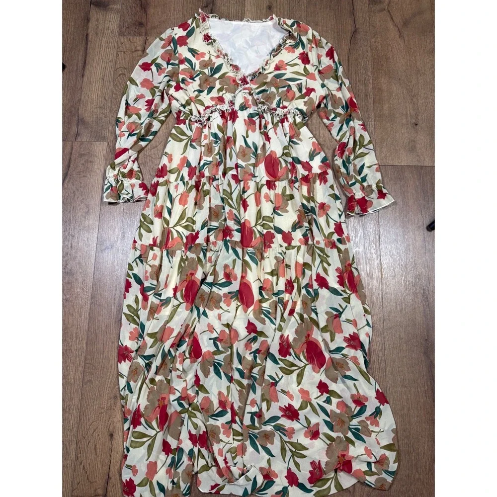 Floral Chiffon Tiered Maxi Dress Long Sleeve Ruffle V-Neck Cream Red Large